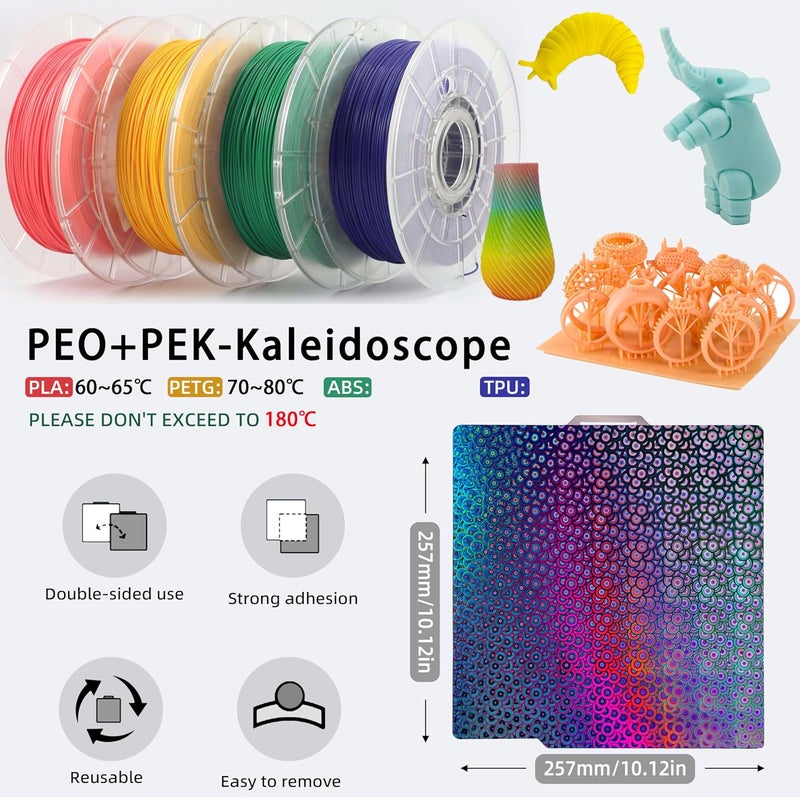 GOMENL Double Sided Textured PEO PEK Build Plate for Bambu Lab X1/X1C/X1E/P1P/P1S/A1, Flexible Diamond PEO+Kaleidoscope PEK Spring Steel Plate 257x257mm for Bambu 3D Printers - Image 4